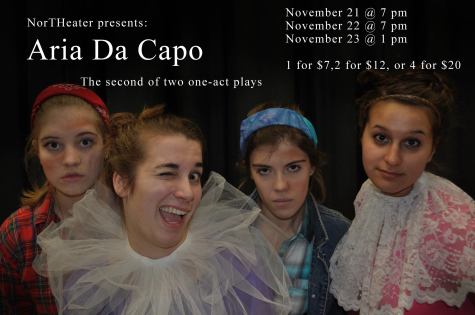 Seniors Abby Dufresne, Natalie Toland, Rachel Douglas, and Robyn Bjorn are pictured (left to right) in this poster for Aria Da Capo.