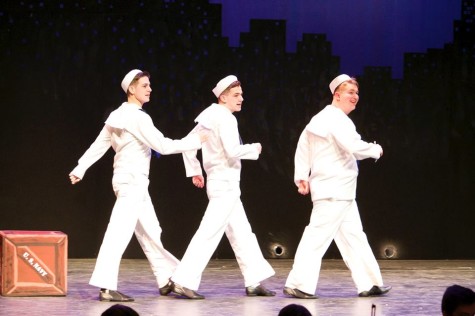 The sailors, from left to right, Ozzie (Nick Hammond), Gabey (Mason Hyde), and Chip (Matt Vergun) dance.