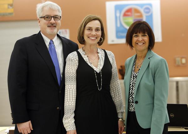 Left to right, Dr. Phil Auger, Dr. Denise Mancieri, and Dr. Michele Humbyrd pose for a picture at the School Committee meeting on April 14.