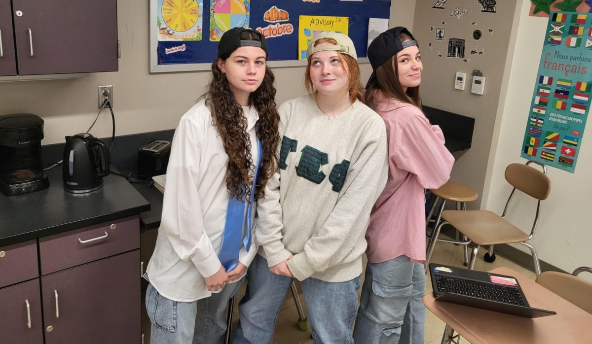 As part of Spirit Week, on Weds., Oct. 16, students dressed in "frat vs. sorority" theme. Sophomores Lola Sheridan, Maddie Sisson, and Brooklyn Serrels showed their school spirit by dressing as frat boys. Advisor, Mrs. Cecile Jones,  said, ¨Spirit Week is a lot of fun for the students. If I was a student I would've loved it. Students still have a little kid in them which is great.¨ 